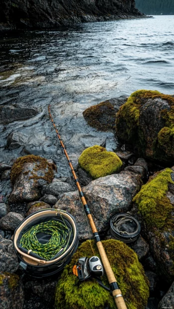 Fishing gear neatly arranged on moss covered rocks by the waters edge.