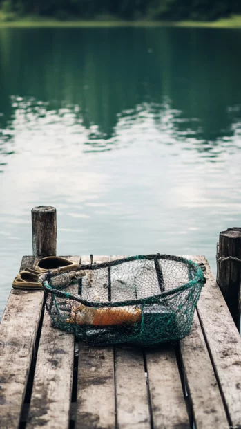 Fishing gear resting on a wooden dock with calm waters around, rustic charm.