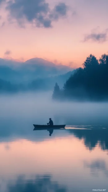 Fishing iPhone wallpaper with a calm lake at dawn, surrounded by mist and soft pastel skies.