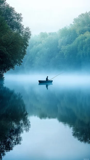 Fishing in a peaceful lake with morning mist, serene scene with natural reflections.