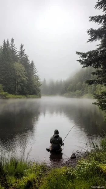 Fishing in highland lake with pine trees and mist, peaceful retreat feeling.