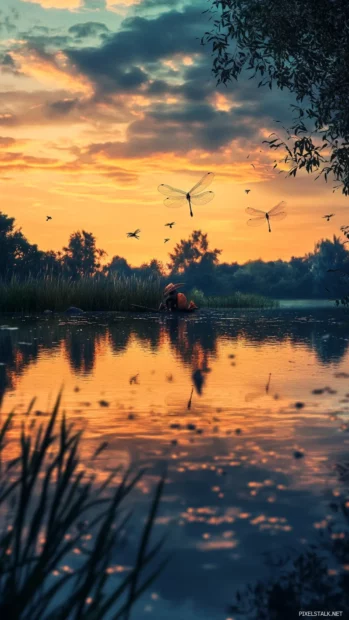 Fishing moment with dragonflies dancing over still water at dusk.