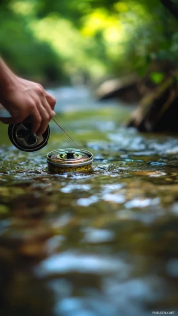 Fishing moment with hands holding a reel against the backdrop of a quiet stream.