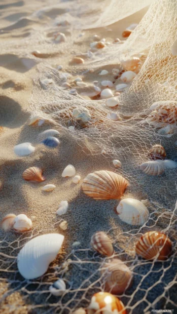 Fishing net spread along sandy beach with seashells and gentle light.