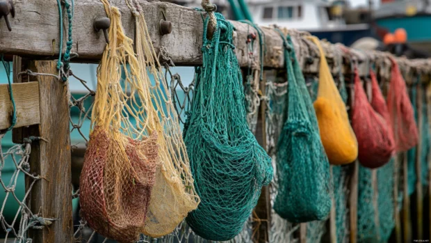 Fishing nets hung to dry on a rustic fence near a harbor.