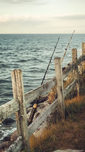 Fishing poles leaning on an old wooden fence by the sea, coastal mood.