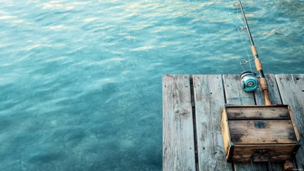 Fishing rod wallpaper placed carefully on a dock beside a tackle box and old wooden planks.