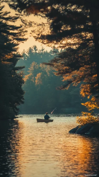 Fishing scene set in forested lake area during golden hour, natural palette.