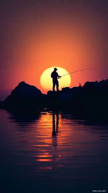 Fishing silhouette wallpaper iPhone composition with a figure casting under a glowing sunset.