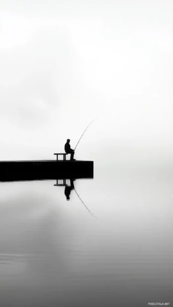 Fishing solitude captured on a quiet pier, minimalist water reflections.