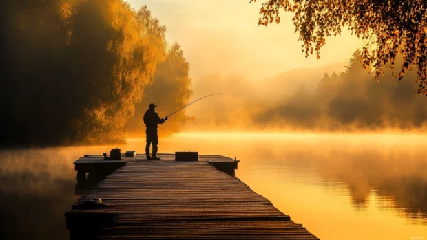 Fishing wallpaper for desktop showing a fisherman casting into foggy morning light from a wooden pier.