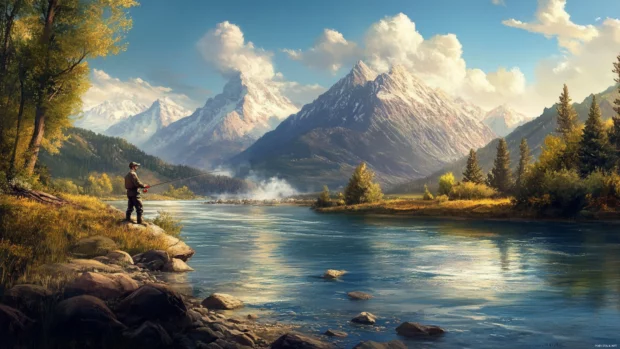 Fishing wallpaper with mountains in the background as an angler casts from a rocky riverbank.
