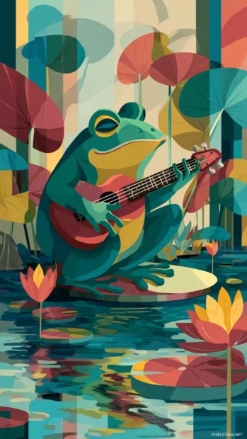 Flat art of a musical Frog playing guitar beside a pond, colorful and cheerful vertical layout.