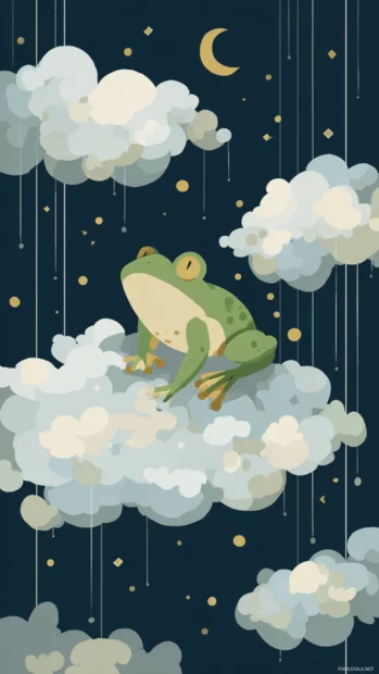 Flat design of an Aesthetic Frog floating among paper clouds and tiny moons, vertical dreamy atmosphere.