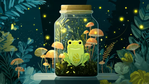 Flat illustration of Froggy inside a terrarium jar with mushrooms and glowing fireflies.
