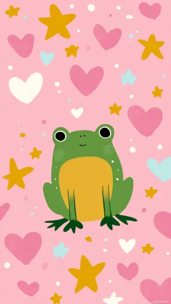 Flat illustration of Froggy surrounded by floating hearts and stars, soft vertical layout.