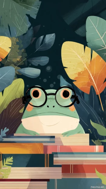 Flat illustration of a Cute Frog peeking over a book with glasses on, vertical nerdy aesthetic design.