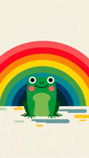 Flat illustration of a Cute Frog sitting under a rainbow, clean composition with bright, cheerful colors.
