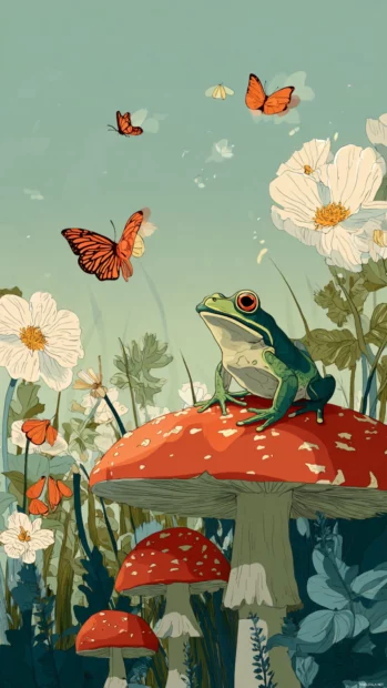 Flat illustration of a Frog Phone Wallpaper with a frog sitting on a mushroom surrounded by butterflies and flowers.