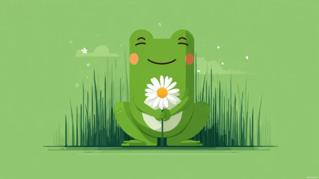 Flat illustration of a smiling Froggy holding a daisy in the middle of a minimalist field of grass.
