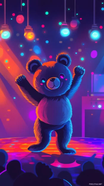 Flat illustration of cool bear dancing under disco lights.