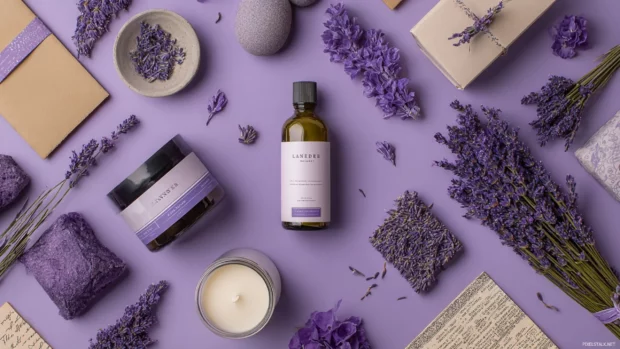 Flat lay collage of lavender themed skincare, candles and vintage paper for desktop.