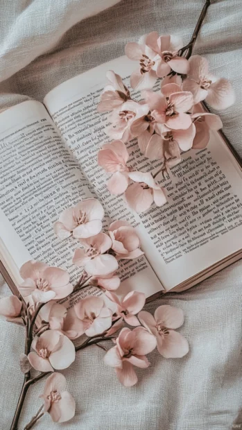 Flat lay of aesthetic book pages and blush toned flowers on a linen background.
