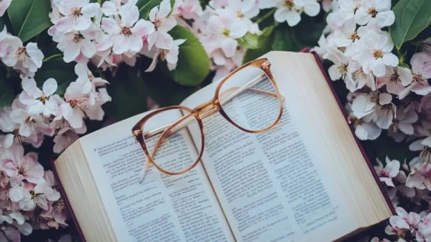 Flat lay of an aesthetic Book arrangement with flowers and glasses.