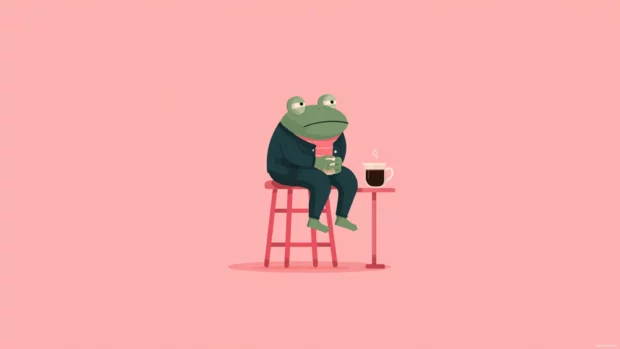 Flat minimalist illustration of an Aesthetic Frog sitting on a pink stool with a coffee cup beside it.