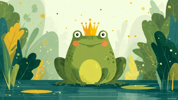 Flat style Frog wearing a crown sitting in a cartoon swamp kingdom, playful fairytale illustration.