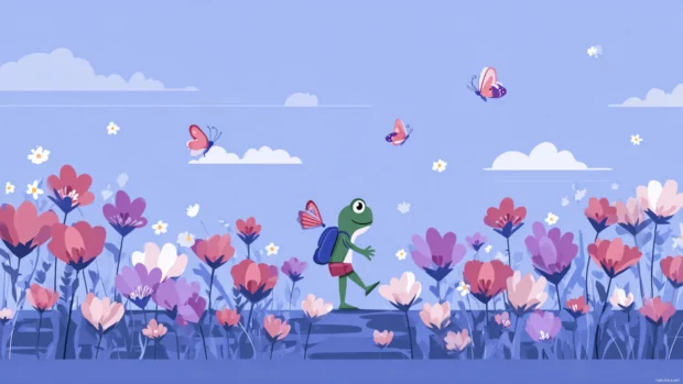 Flat style Froggy walking through a flower field with butterflies and clean minimalist lines.