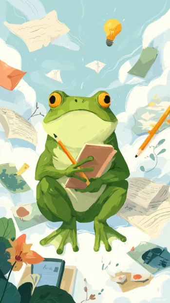 Flat vector Frog Phone Wallpaper with a frog holding a pencil and sketchbook, surrounded by floating ideas.