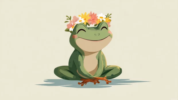 Flat vector art of Froggy sitting cross legged with a flower crown and a peaceful smile.