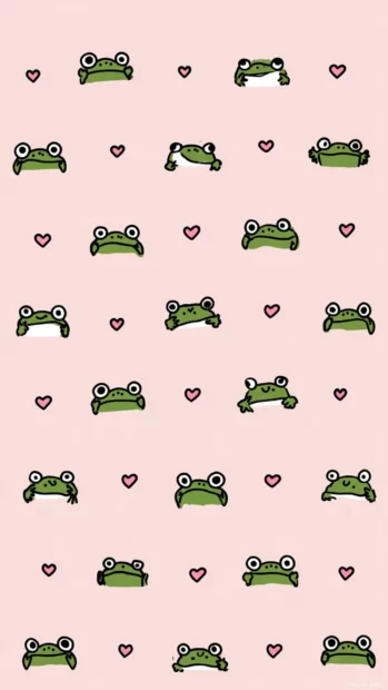 Flat vector art of a Frog Phone Wallpaper with repeating frog faces and tiny hearts on a light pink background.