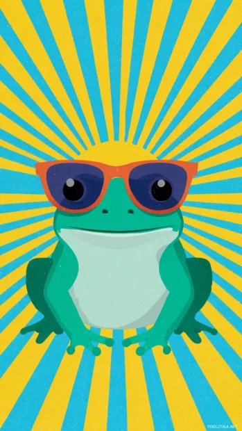 Flat vector design of a happy Frog with sunglasses, sunburst background and bright summer mood.
