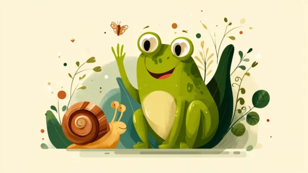 Flat vector illustration of a Cute Frog waving with a tiny snail beside it, clean background and warm colors.