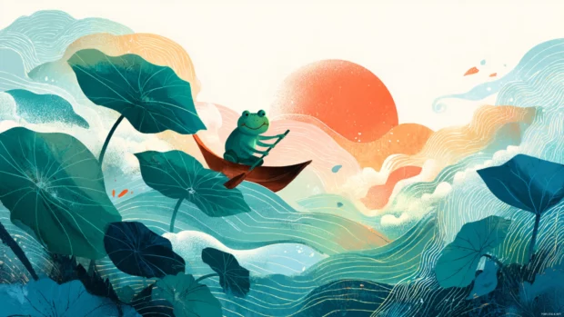 Flat vector landscape with an Aesthetic Frog paddling a leaf boat across soft watercolor waves.