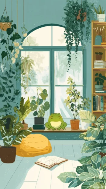 Flat vector of a cozy room where an Aesthetic Frog reads beside a window with trailing plants.