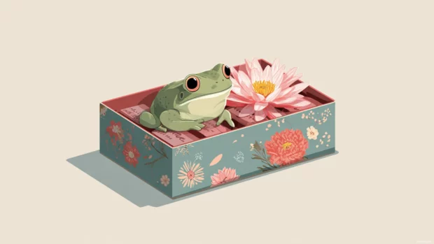 Flat vector scene of Froggy peeking out from a vintage matchbox with flower illustrations.