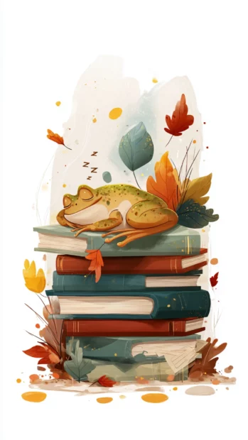 Flat vertical composition of Froggy sleeping on a book pile with falling leaves around.