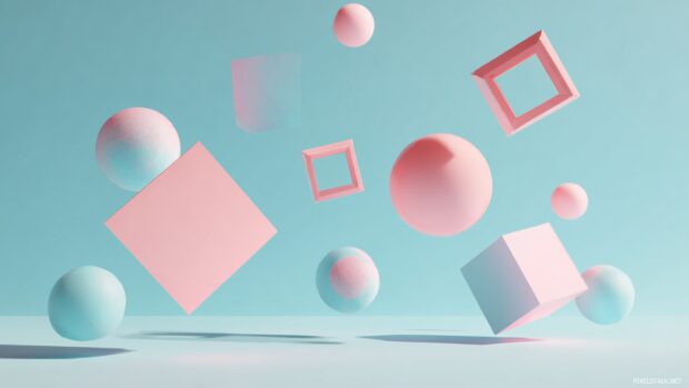 Floating 3D Geometric objects in pastel pink and blue against a flat minimalist background.
