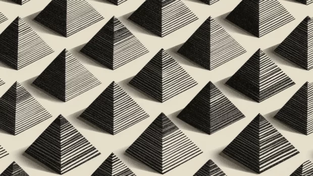 Floating Black and White Geometric pyramid shapes aligned in rows over a neutral background.