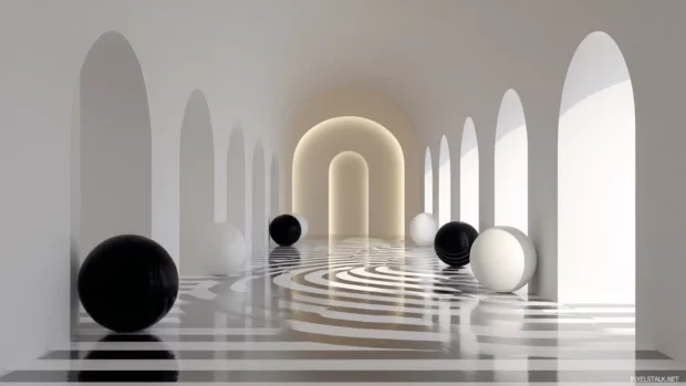 Floating Black and White Geometric spheres aligned along curved paths in a minimalist space.