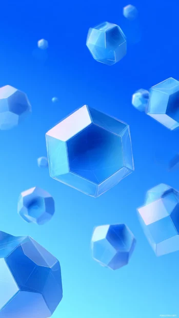 Floating Blue Geometric polygon shapes drifting on a smooth gradient phone background.