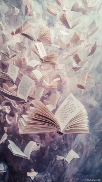 Floating Book pages in a dreamlike composition with soft pastels.
