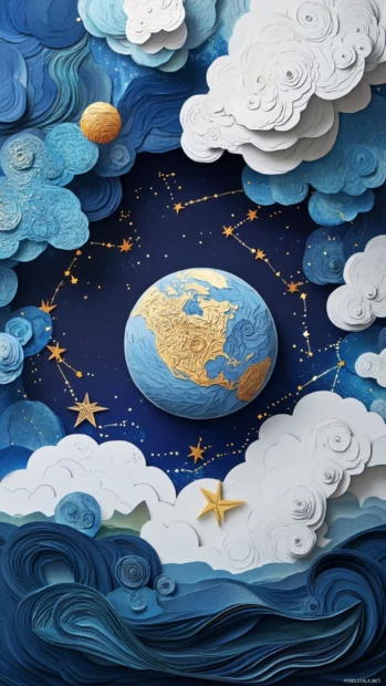 Floating Earth amid paper cut clouds and hand drawn constellations.