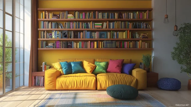 Floating bookshelf design showcasing colorful books in a stylish apartment.