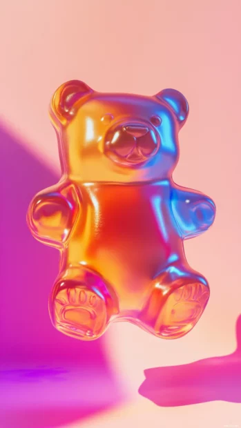 Floating gummy bear in translucent candy style.