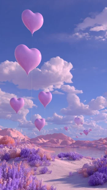 Floating heart balloons with Cute Lavender glow above a candy colored landscape.