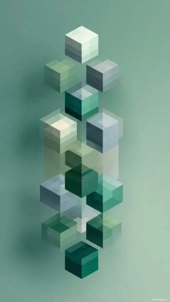 Floating isometric cubes arranged vertically in soft Green Geometric tones.